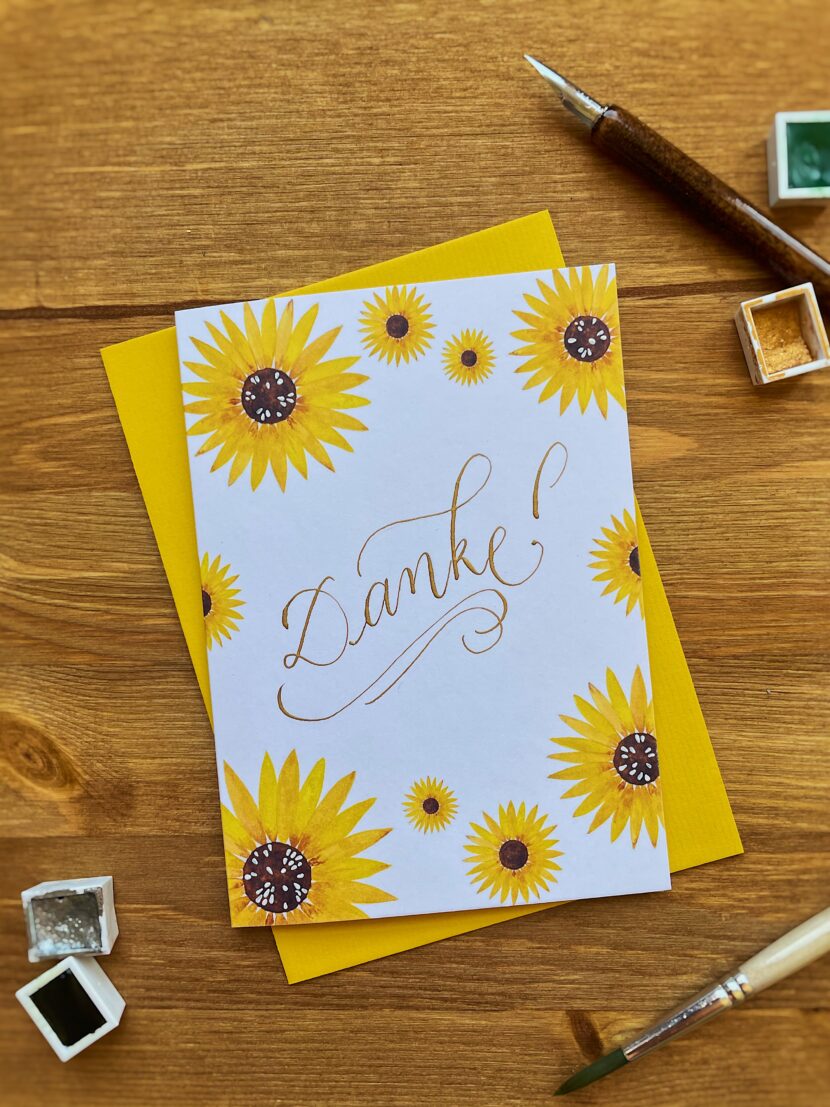 Grußkarte Sunflower Sonneblume Kalligrafie Danke